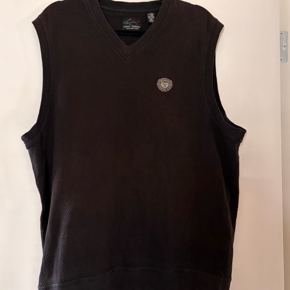 Greg Norman Collection Black V-Neck Sweater Vest with Multicolor Shark Logo